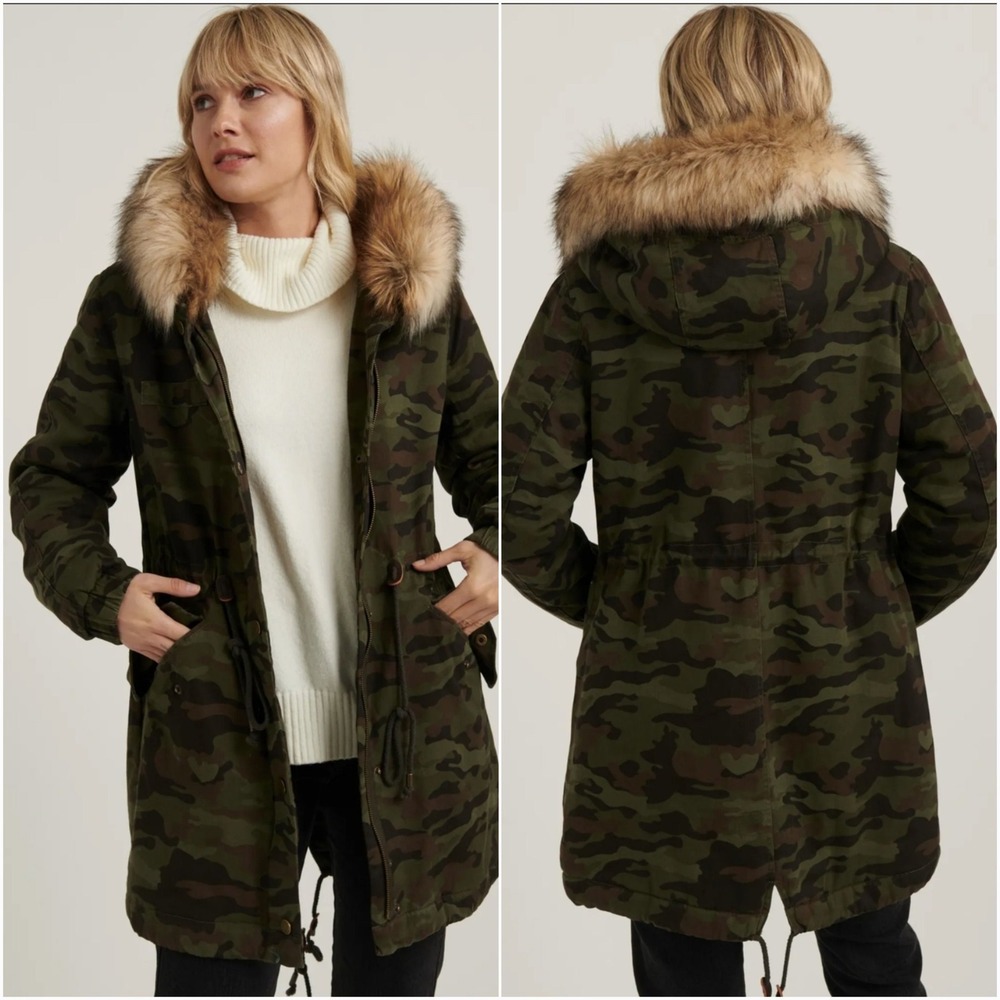 Lucky Brand Womens Camo Parka Jacket‎ Faux Fur Lined Hooded Green XS